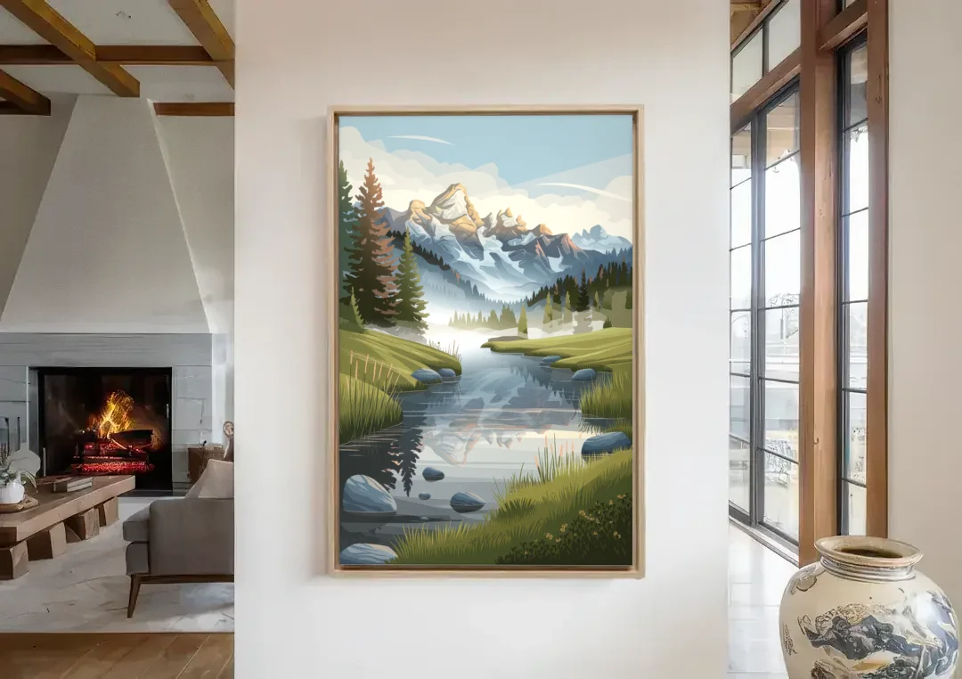 Jackson Hole Alpine Serenity canvas wall art in a living room with a fireplace