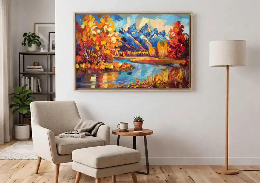 Jackson Hole Autumn Colors canvas wall art above an armchair in a bright living room