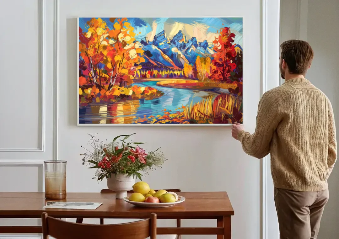 Jackson Hole Autumn Colors canvas wall art above a dining table