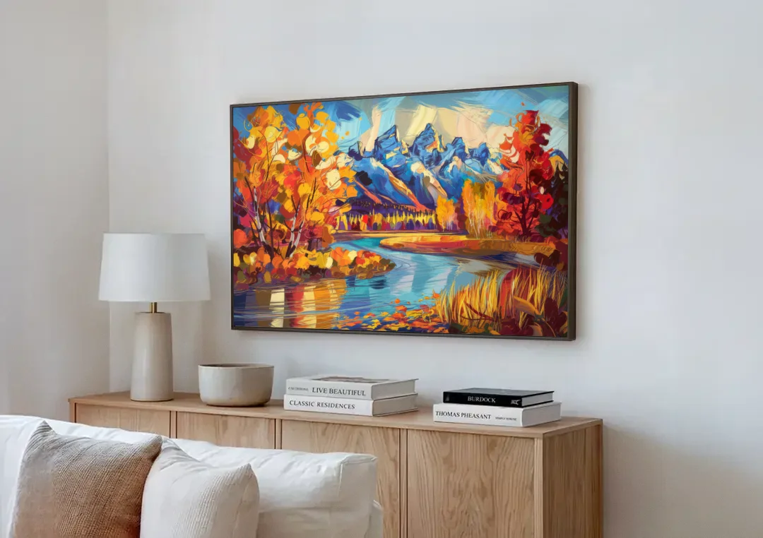 Jackson Hole Autumn Colors canvas wall art above a wooden sideboard next to a sofa