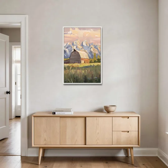 Jackson Hole Grand Teton Backdrop - White Framed Canvas Wall Art - Coffee Table - 24x36