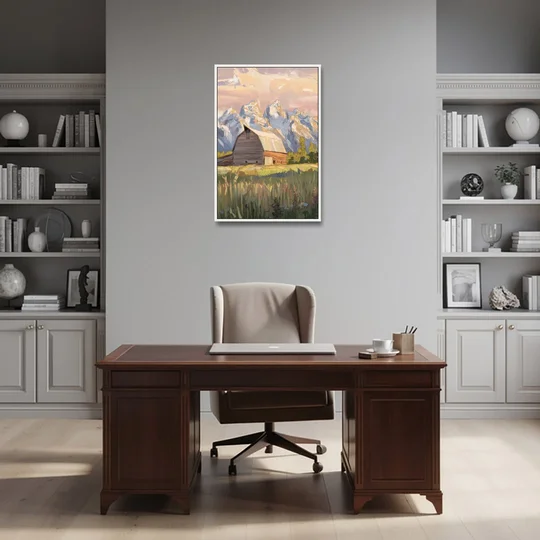 Jackson Hole Grand Teton Backdrop - White Framed Canvas Wall Art - Office - 24x36