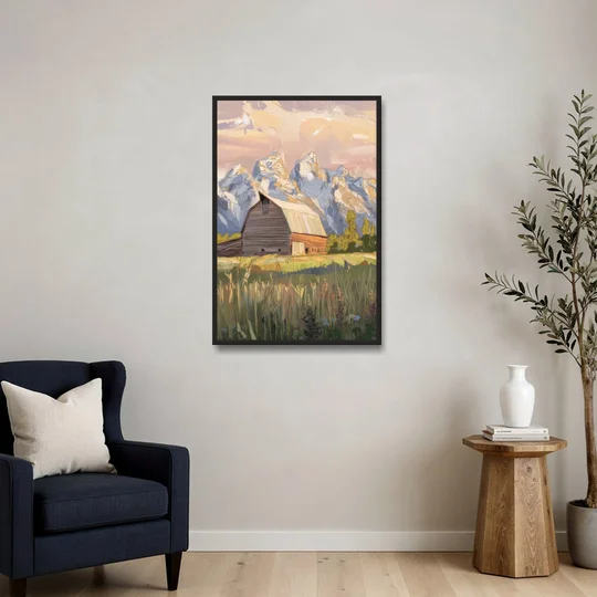 Jackson Hole Grand Teton Backdrop - Black Framed Canvas Wall Art - Sofa - 24x36