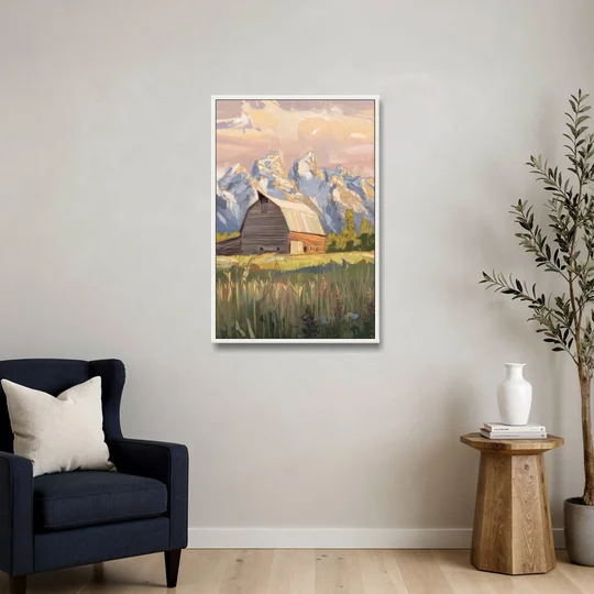 Jackson Hole Grand Teton Backdrop - White Framed Canvas Wall Art - Sofa - 24x36