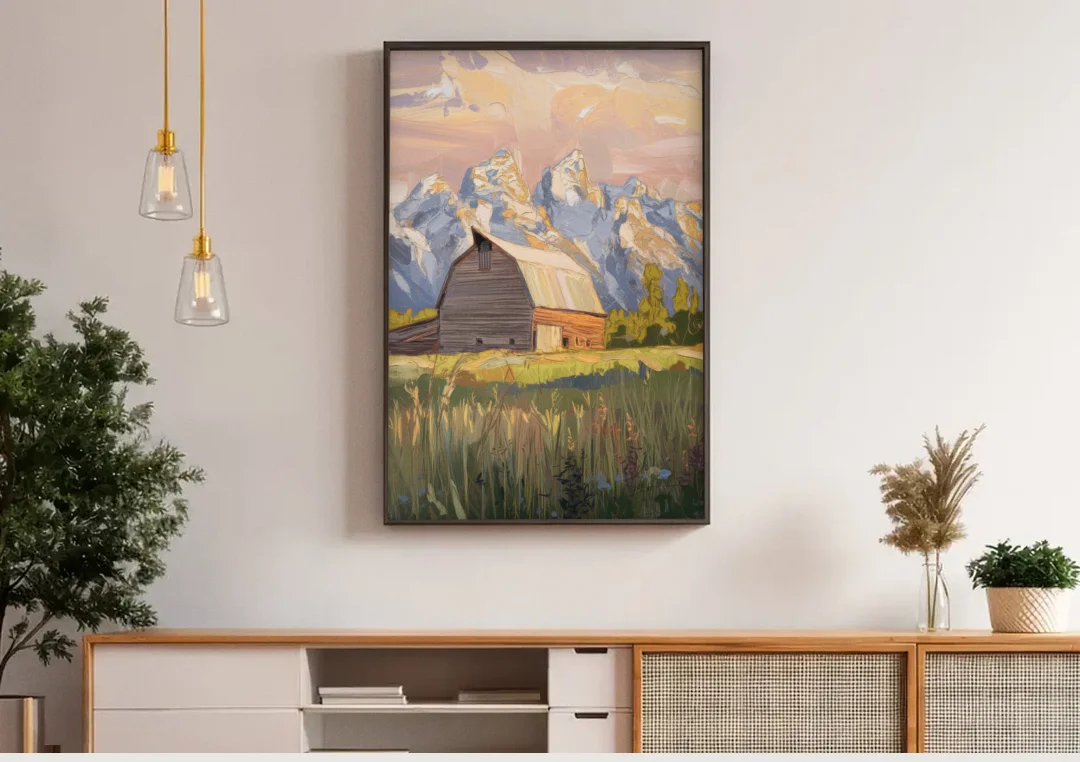 Jackson Hole Grand Teton Backdrop canvas wall art above a wooden sideboard under pendant lights