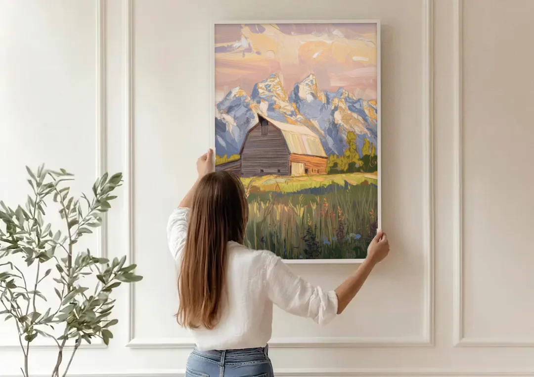 Jackson Hole Grand Teton Backdrop canvas wall art being hung on a paneled wall