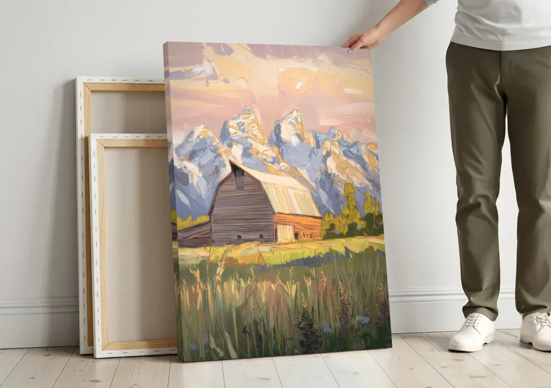 Jackson Hole Grand Teton Backdrop canvas wall art leaning against a wall next to blank canvases
