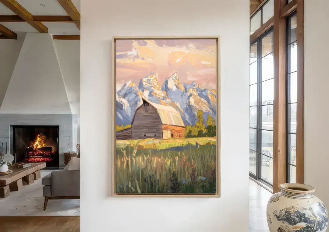 Jackson Hole Grand Teton Backdrop canvas wall art in a living room with a fireplace