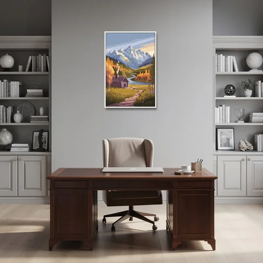 Jackson Hole Mountain Views - White Framed Canvas Wall Art - Office - 24x36