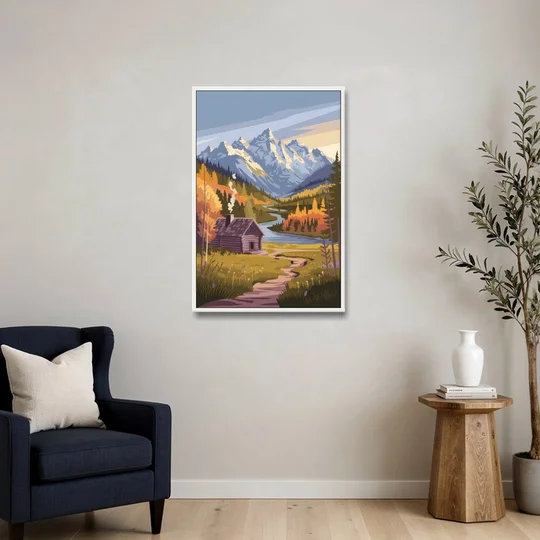 Jackson Hole Mountain Views - White Framed Canvas Wall Art - Sofa - 24x36