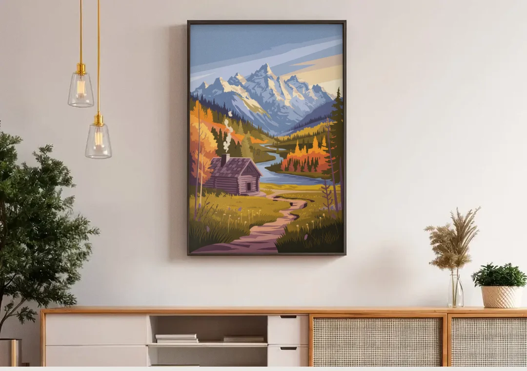Jackson Hole Mountain Views canvas wall art above a wooden sideboard under pendant lights