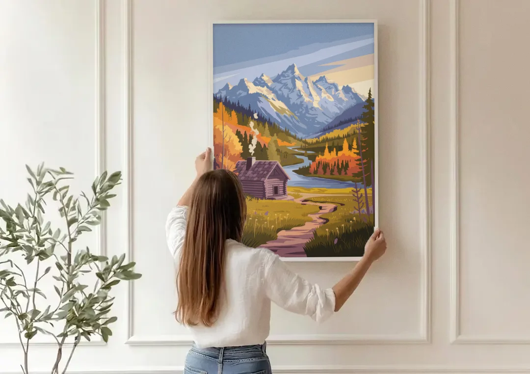 Jackson Hole Mountain Views canvas wall art being hung on a paneled wall