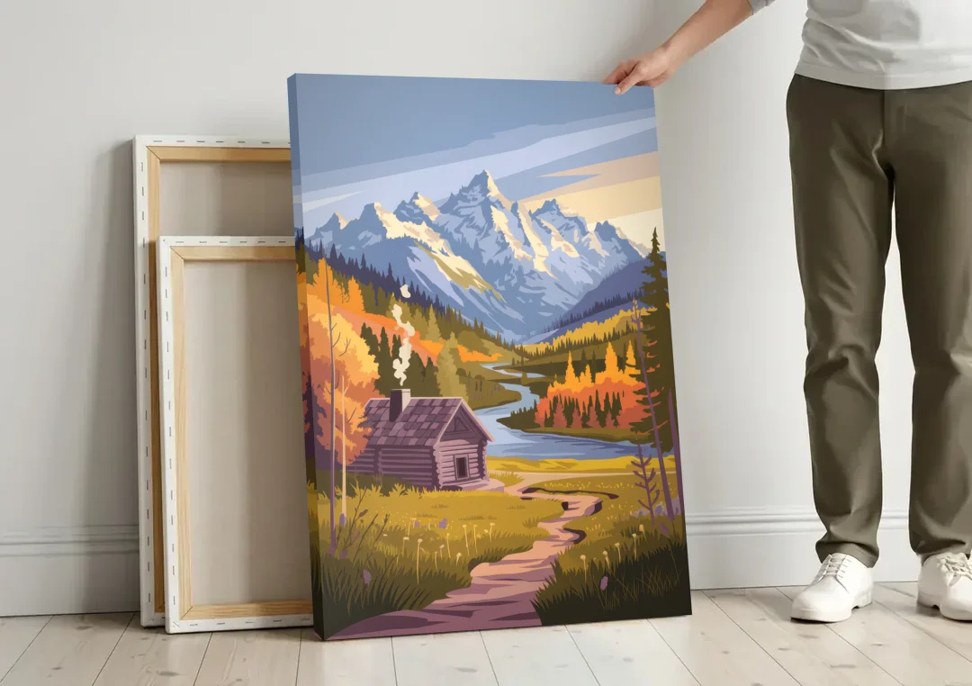 Jackson Hole Mountain Views canvas wall art leaning against a wall next to blank canvases