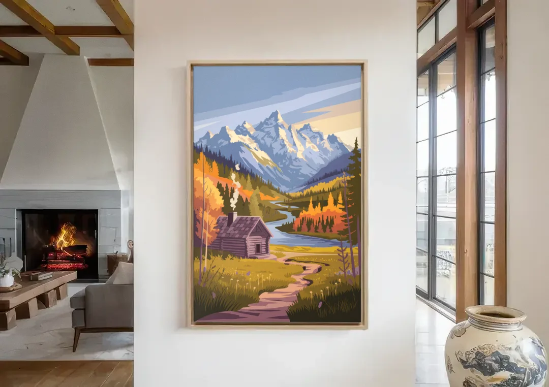 Jackson Hole Mountain Views canvas wall art in a living room with a fireplace