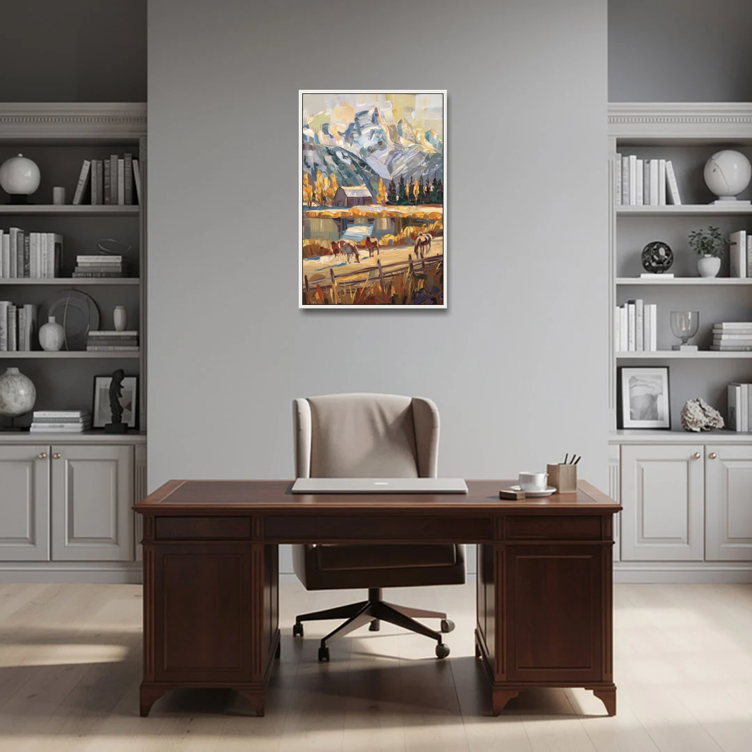 Jackson Hole Rustic Charm - White Framed Canvas Wall Art - Office - 24x36