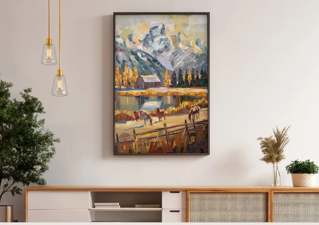 Jackson Hole Rustic Charm canvas wall art above a wooden sideboard under pendant lights