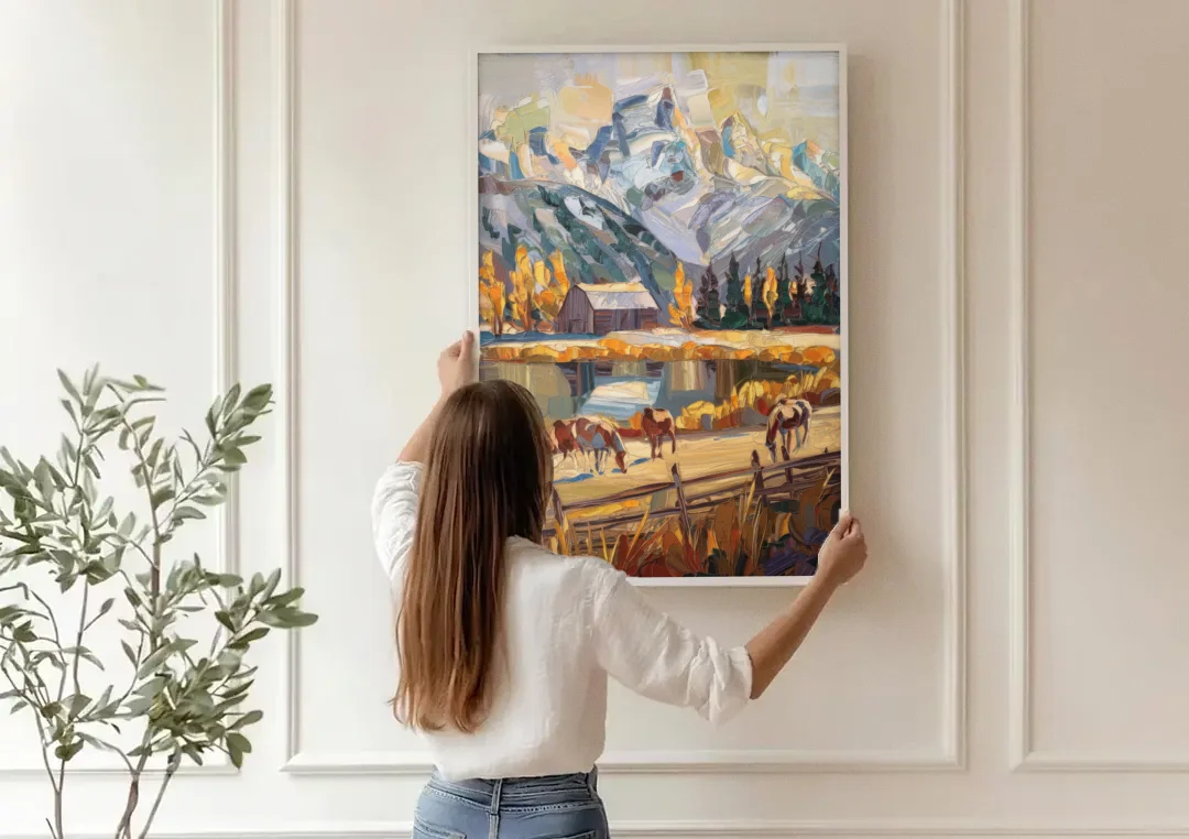 Jackson Hole Rustic Charm canvas wall art being hung on a paneled wall