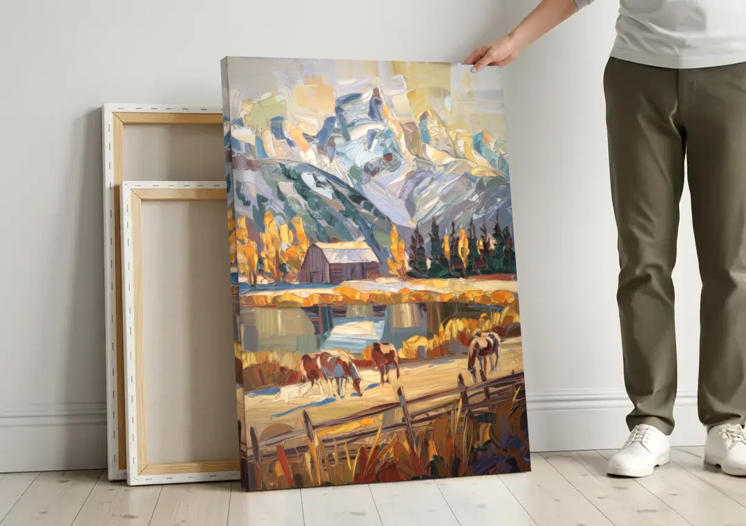 Jackson Hole Rustic Charm canvas wall art leaning against a wall next to blank canvases