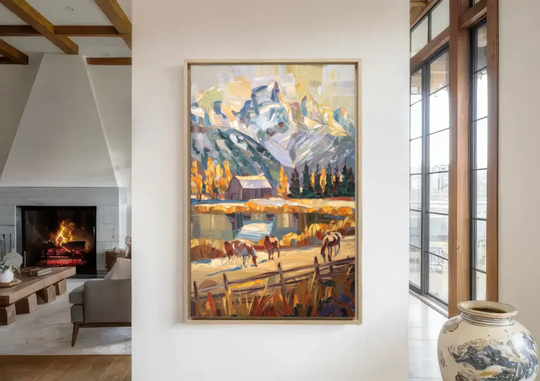 Jackson Hole Rustic Charm canvas wall art in a living room with a fireplace