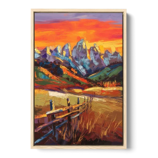 Jackson Hole Sunset Glow - Oak Framed Canvas Wall Art - Front