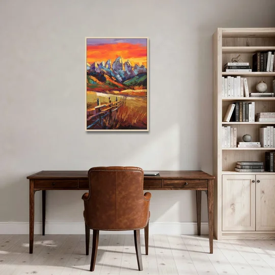 Jackson Hole Sunset Glow - Oak Framed Canvas Wall Art - Office - 24x36