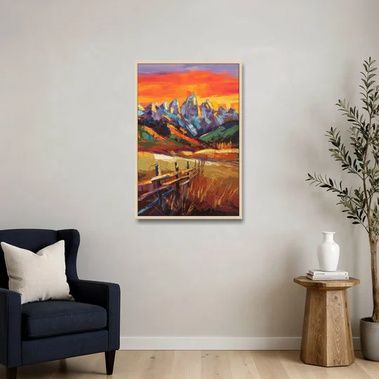 Jackson Hole Sunset Glow - Oak Framed Canvas Wall Art - Sofa - 24x36