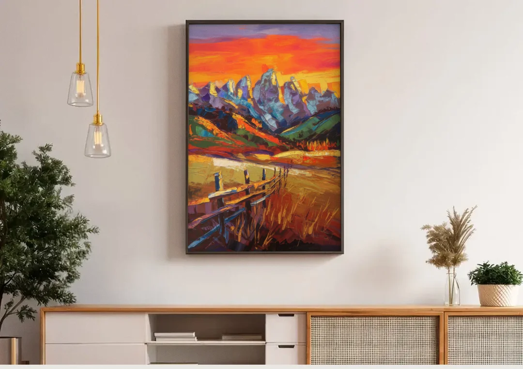 Jackson Hole Sunset Glow canvas wall art above a wooden sideboard under pendant lights