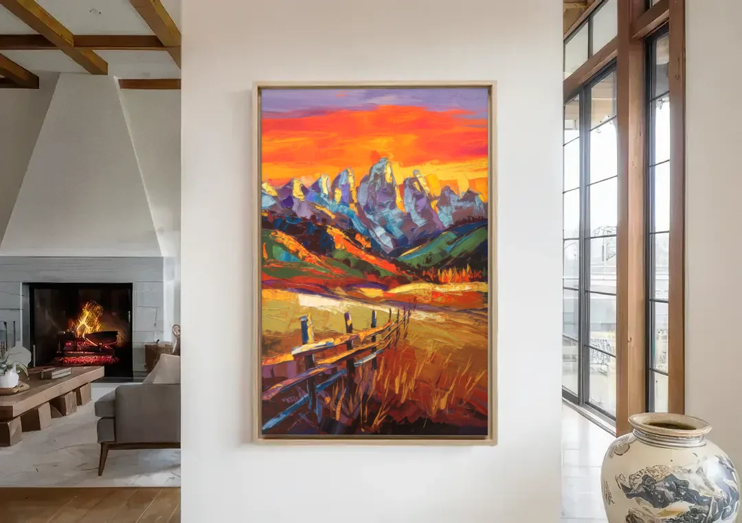 Jackson Hole Sunset Glow canvas wall art in a living room with a fireplace
