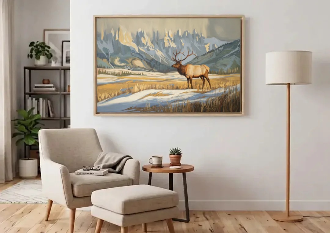Jackson Hole Wildlife Serenade canvas wall art above an armchair in a bright living room
