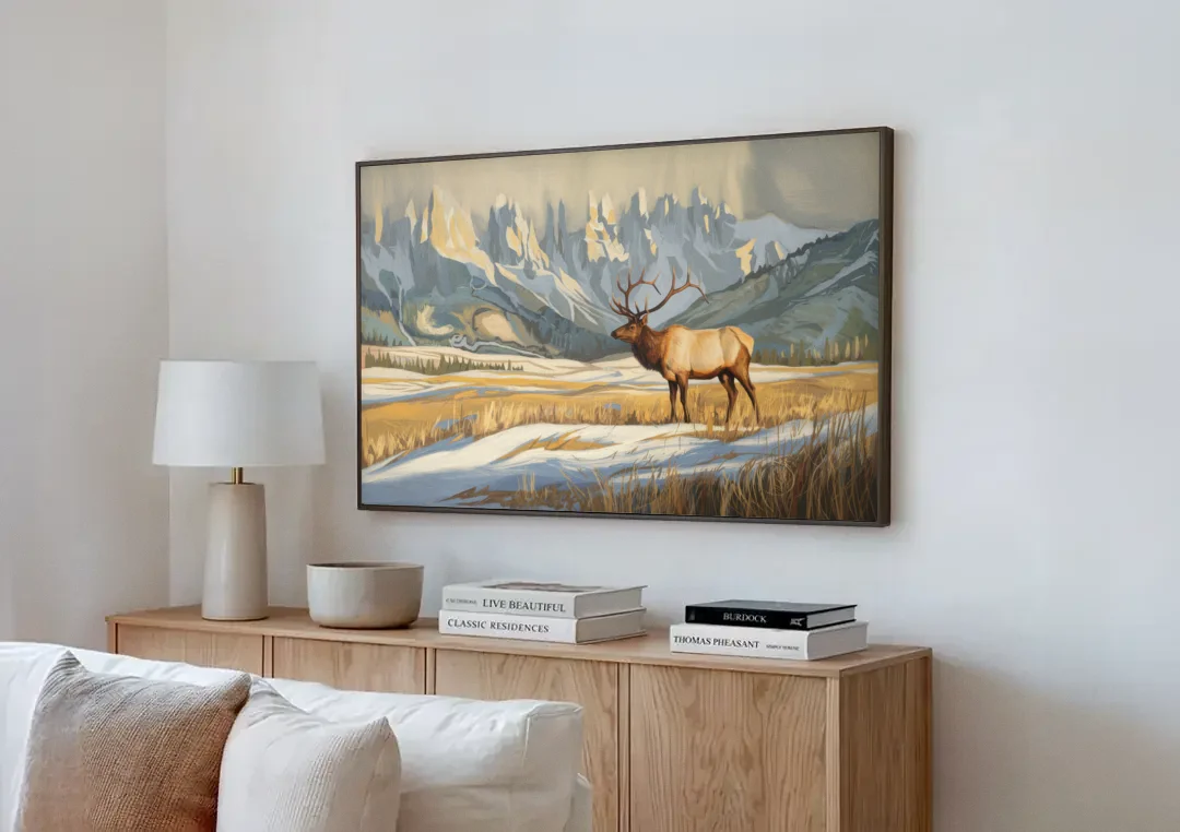 Jackson Hole Wildlife Serenade canvas wall art above a wooden sideboard next to a sofa