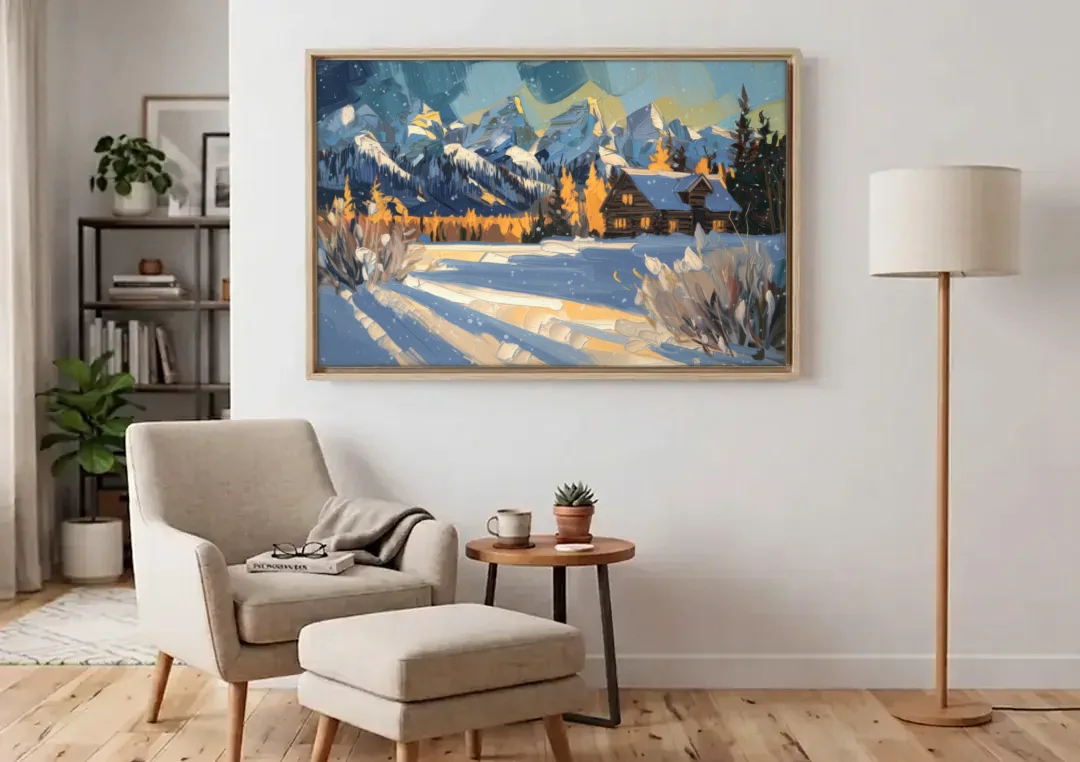 Jackson Hole Winter Wonderland canvas wall art above an armchair in a bright living room