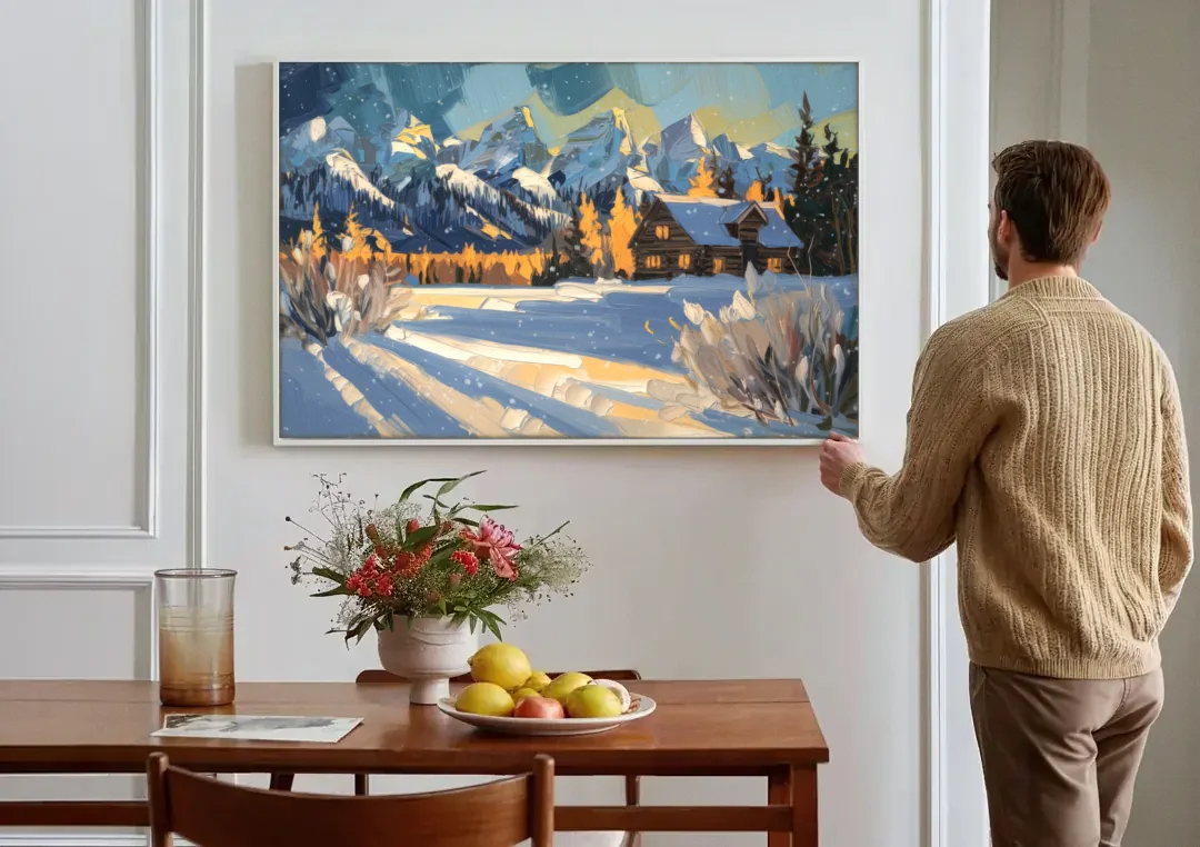 Jackson Hole Winter Wonderland canvas wall art above a dining table