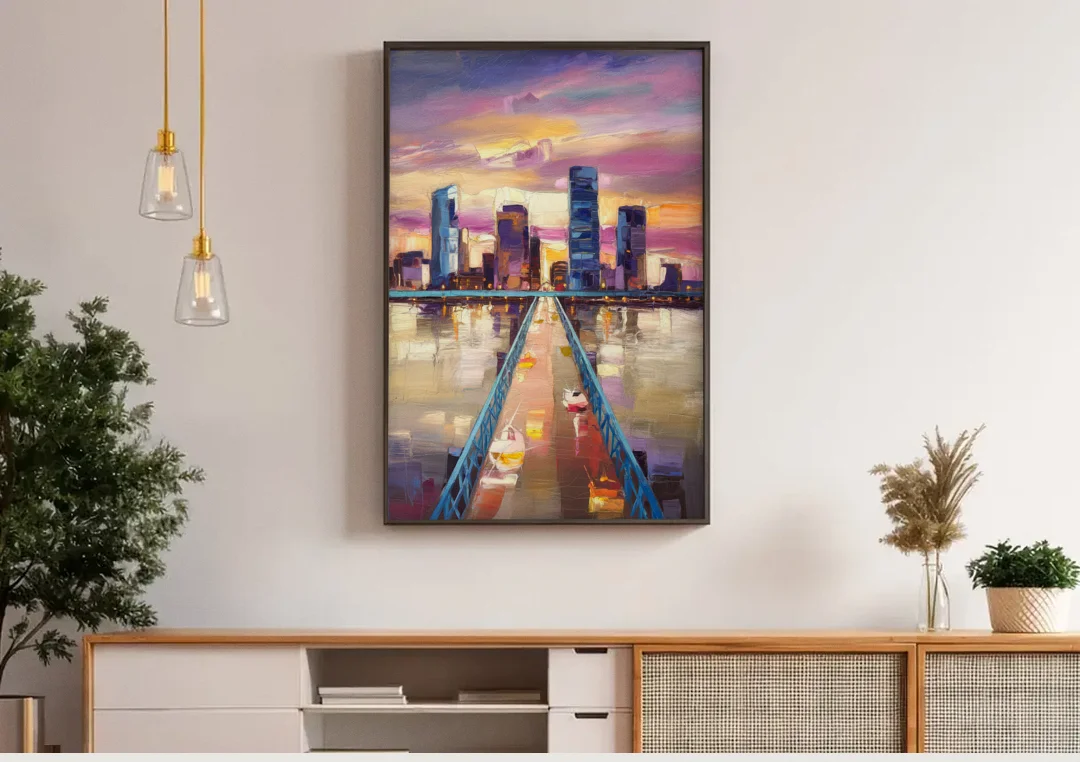 Jacksonville Downtown Views canvas wall art above a wooden sideboard under pendant lights