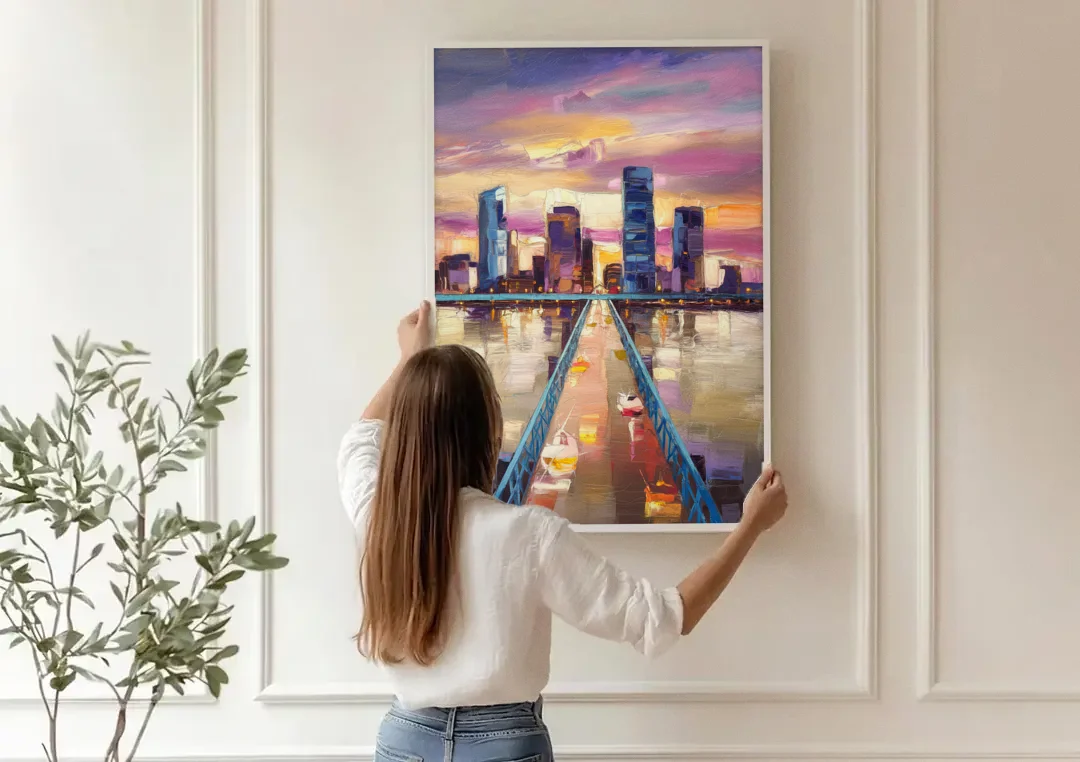 Jacksonville Downtown Views canvas wall art being hung on a paneled wall