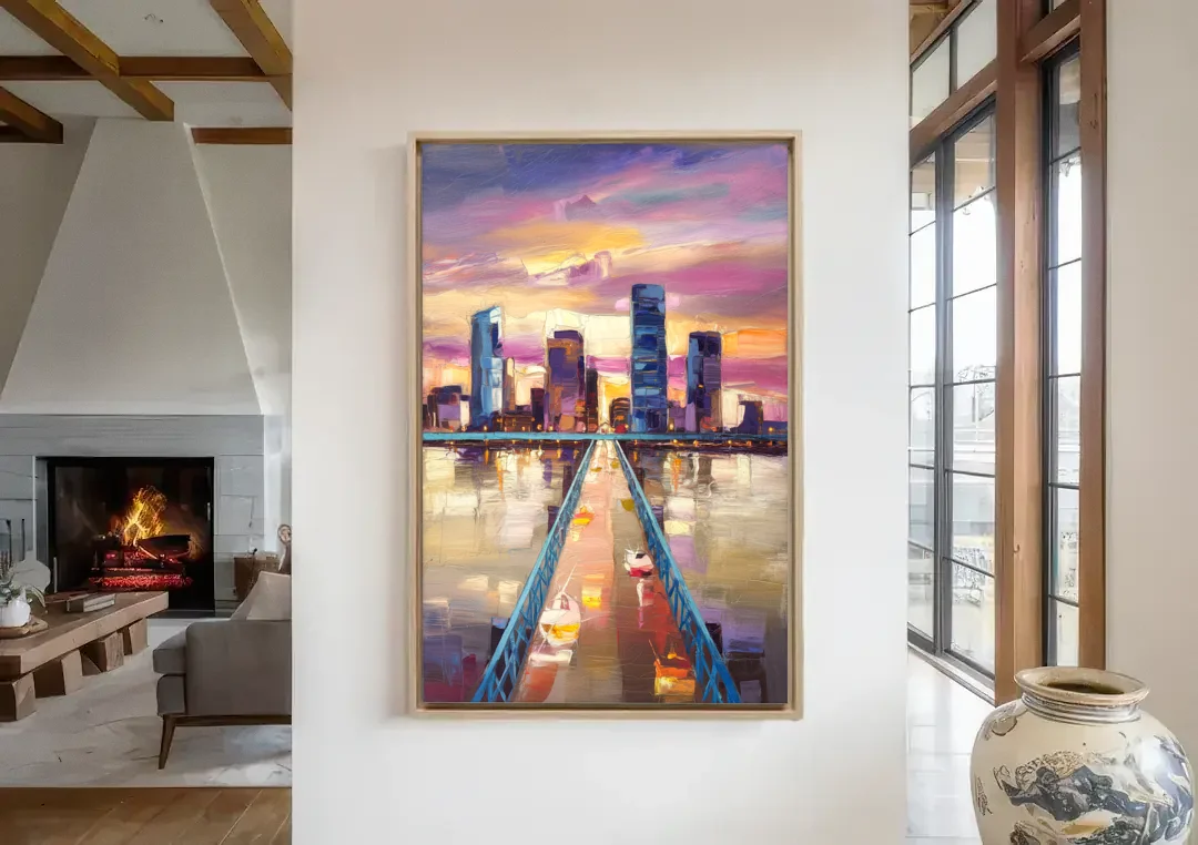 Jacksonville Downtown Views canvas wall art in a living room with a fireplace