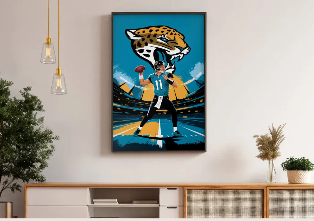 Jacksonville Jaguars Fans canvas wall art above a wooden sideboard under pendant lights