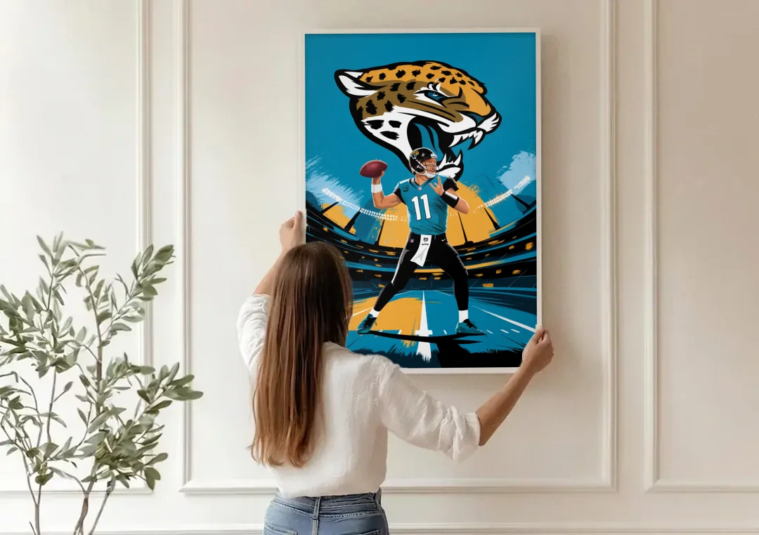 Jacksonville Jaguars Fans canvas wall art being hung on a paneled wall