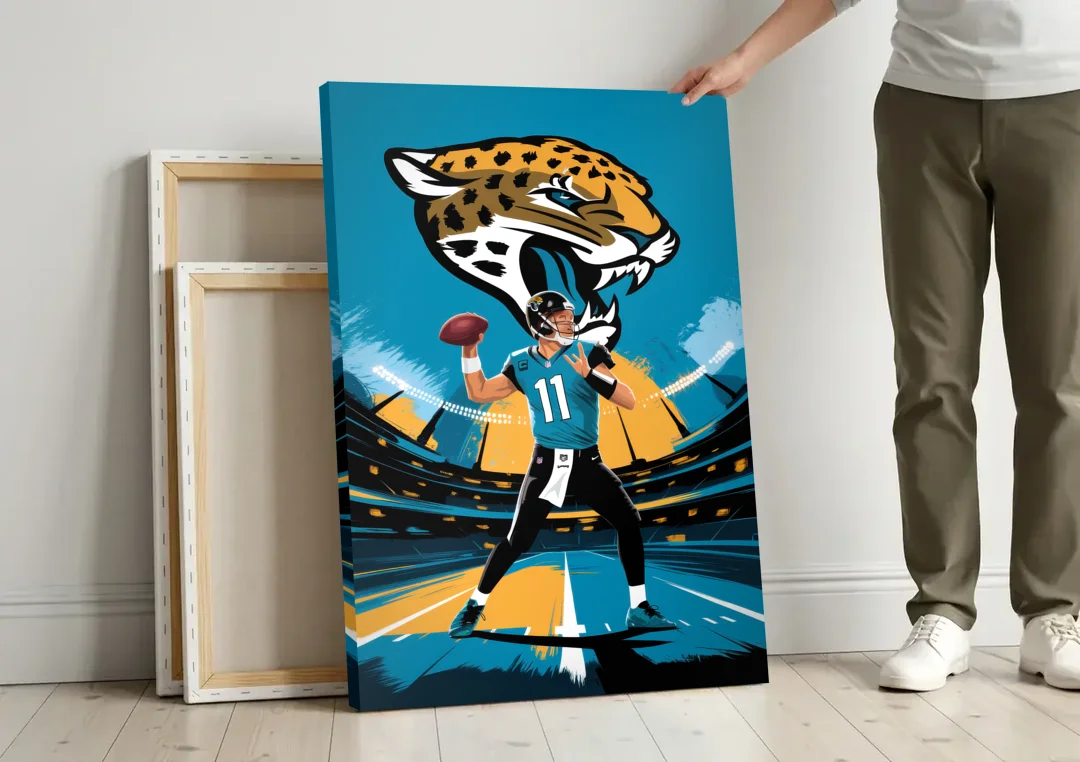 Jacksonville Jaguars Fans canvas wall art leaning against a wall next to blank canvases