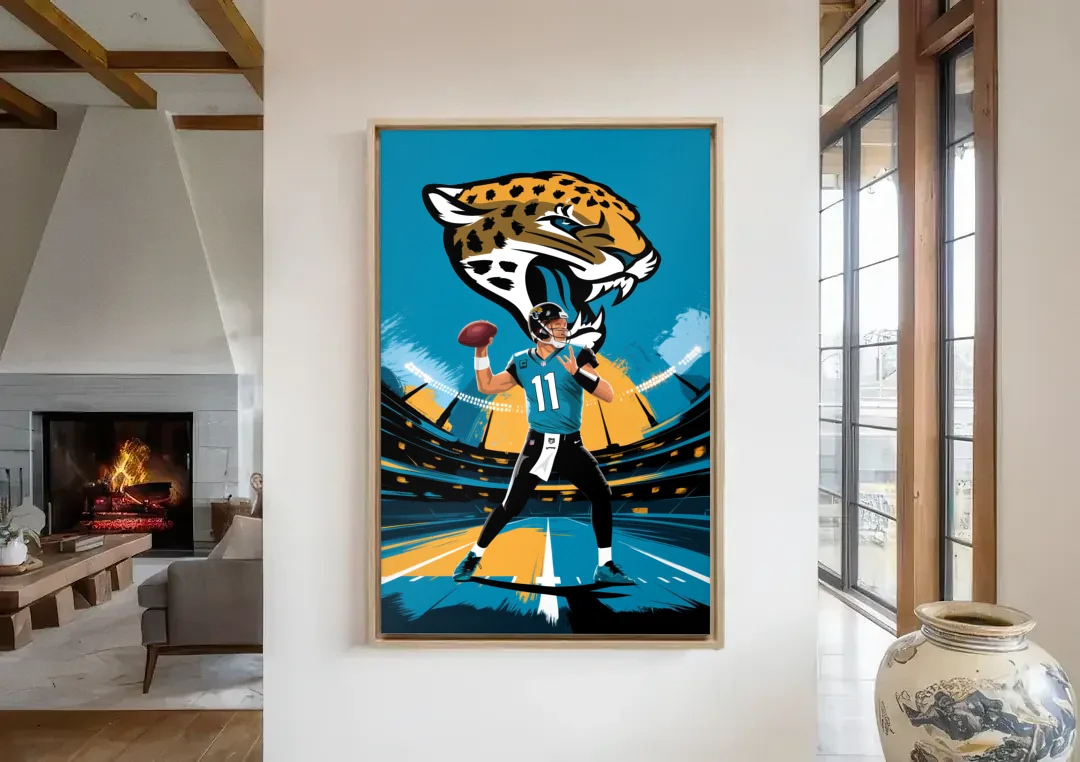 Jacksonville Jaguars Fans canvas wall art in a living room with a fireplace