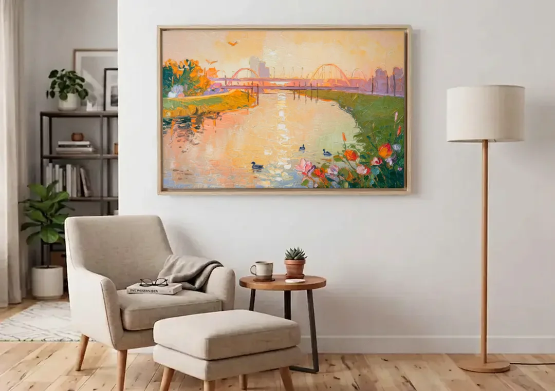 Jacksonville Riverside Scenery canvas wall art above an armchair in a bright living room