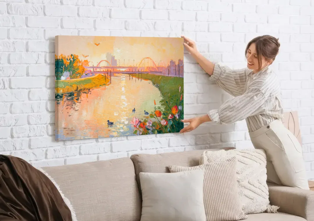 Jacksonville Riverside Scenery canvas wall art being hung on a white brick wall above a sofa