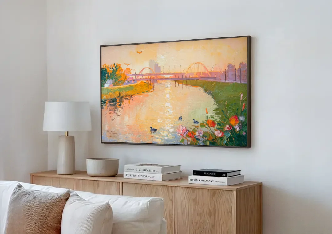 Jacksonville Riverside Scenery canvas wall art above a wooden sideboard next to a sofa