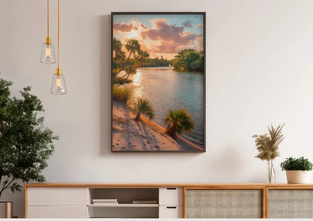 Jacksonville St. Johns River canvas wall art above a wooden sideboard under pendant lights
