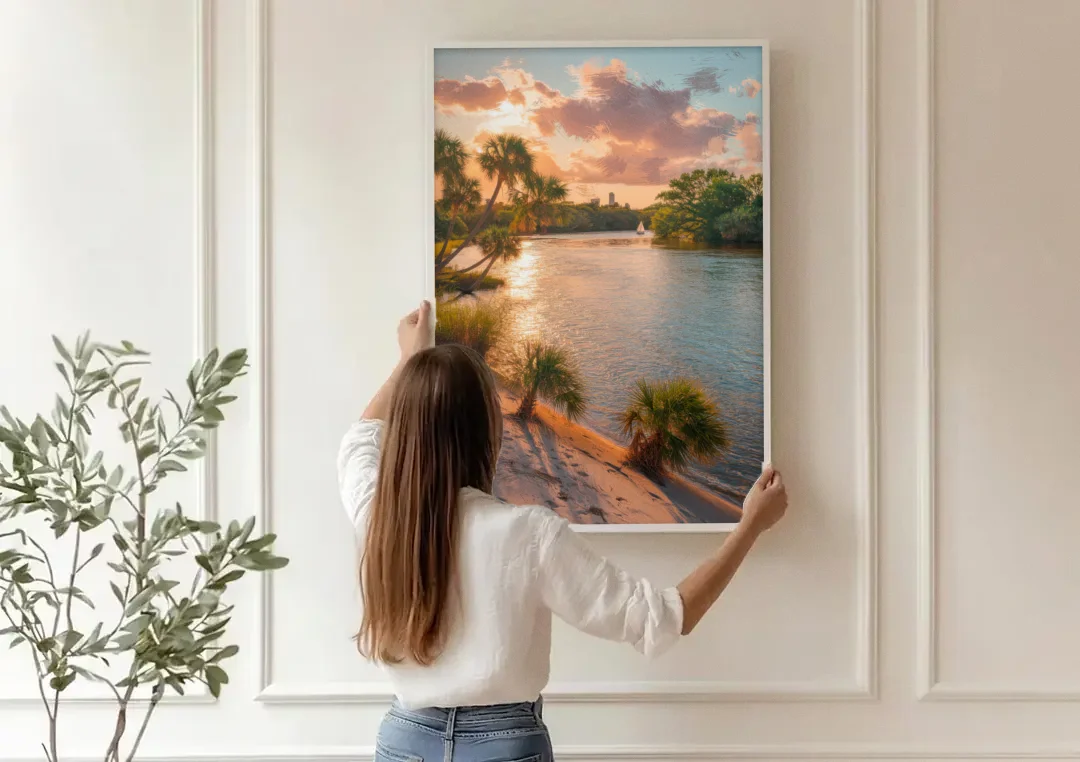 Jacksonville St. Johns River canvas wall art being hung on a paneled wall