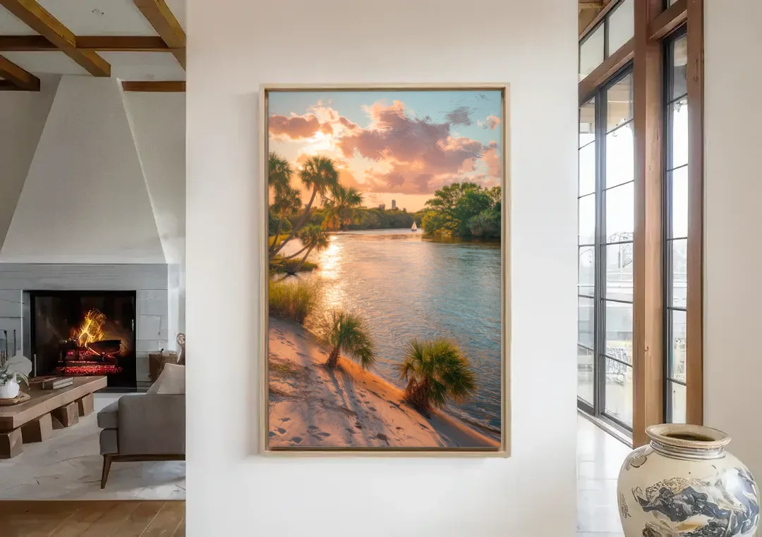 Jacksonville St. Johns River canvas wall art in a living room with a fireplace