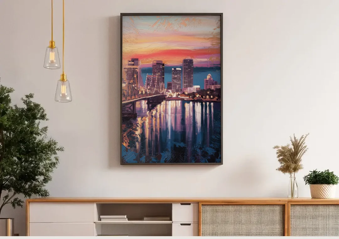 Jacksonville Urban Charm canvas wall art above a wooden sideboard under pendant lights