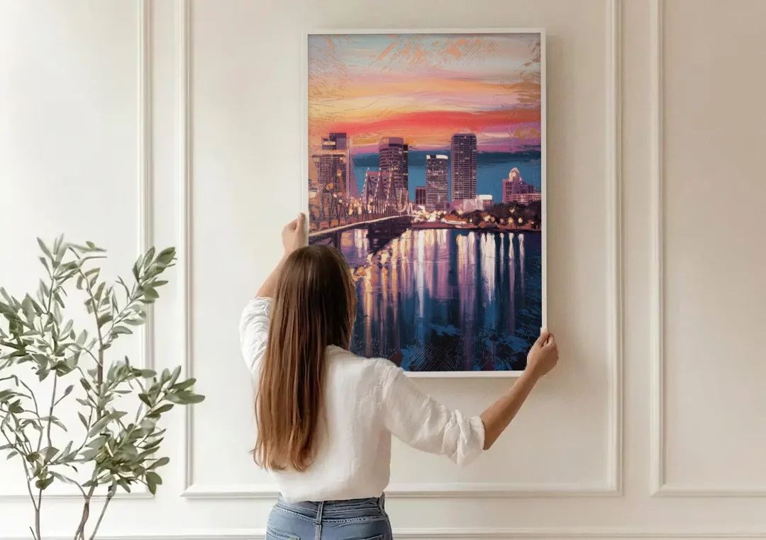 Jacksonville Urban Charm canvas wall art being hung on a paneled wall