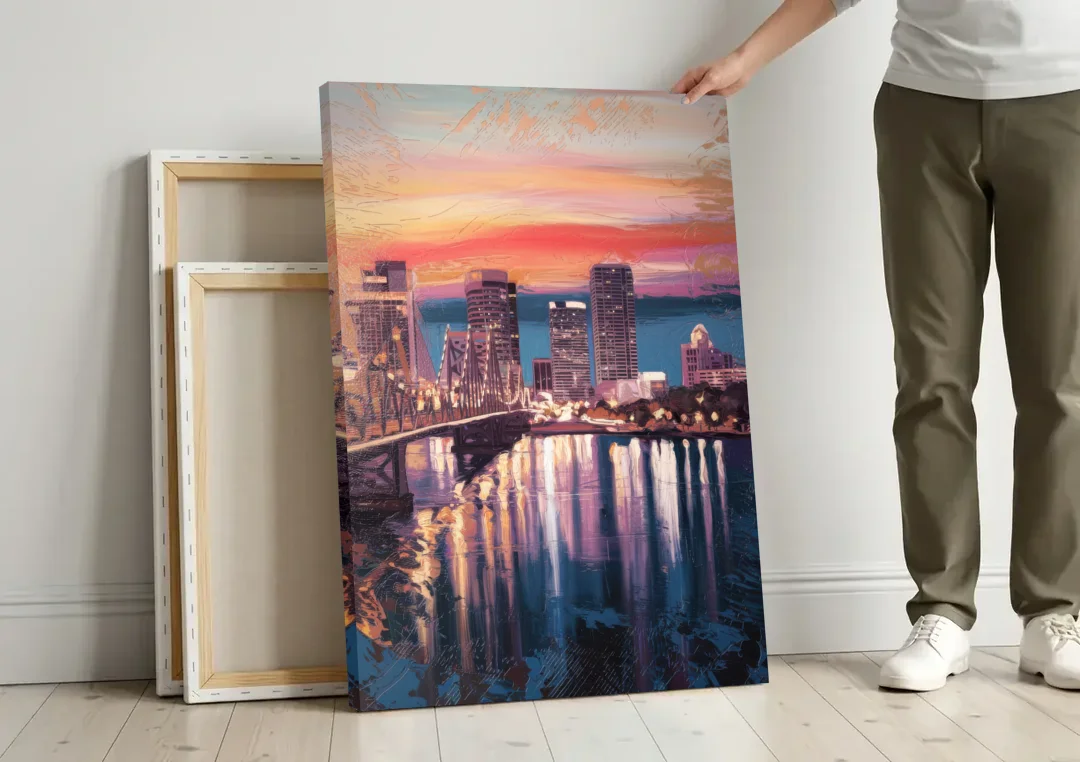 Jacksonville Urban Charm canvas wall art leaning against a wall next to blank canvases