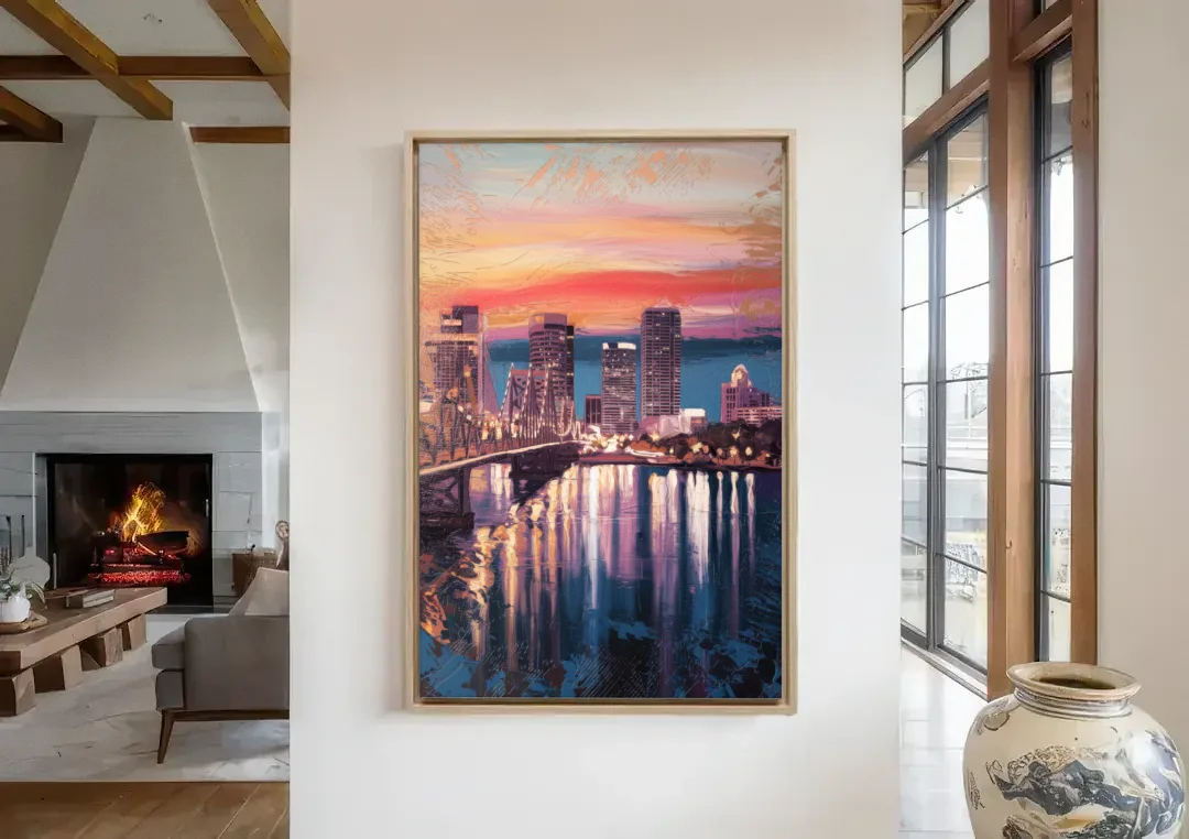 Jacksonville Urban Charm canvas wall art in a living room with a fireplace