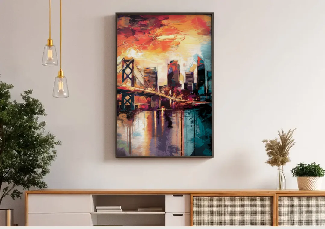 Jacksonville Wall Street Vibes canvas wall art above a wooden sideboard under pendant lights